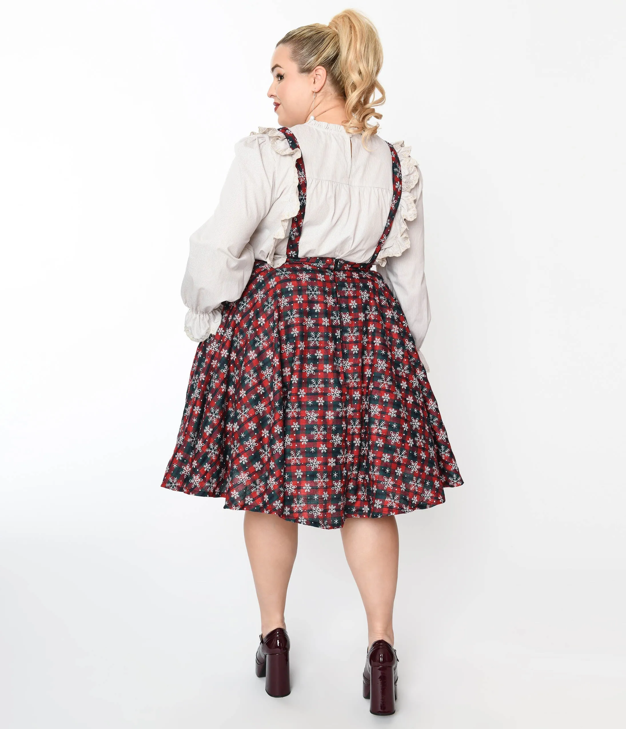 Magnolia Place Snowflake Red Tartan Plaid Pinafore Swing Skirt