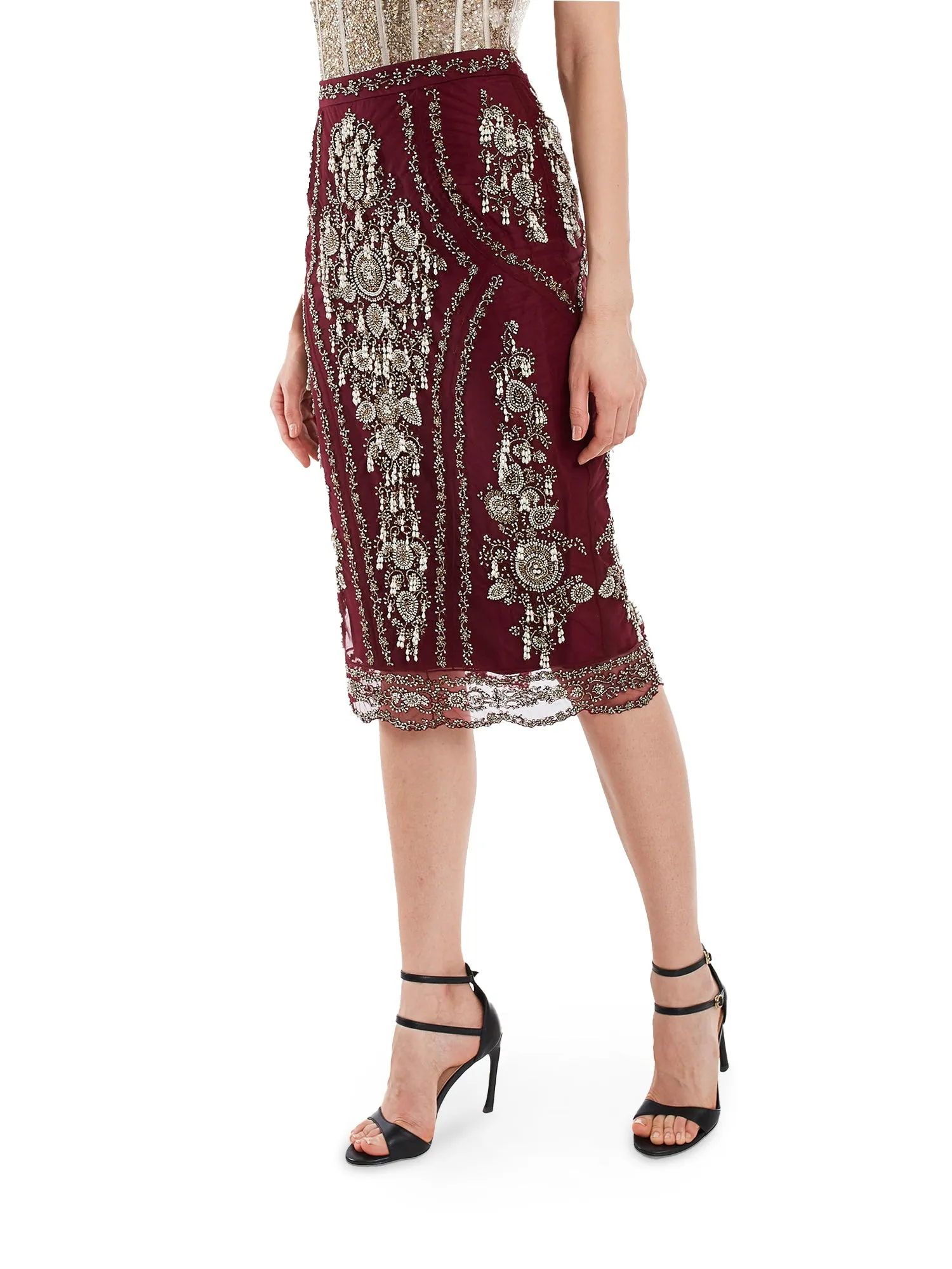 Maroon Pencil Skirt in Net Base With Pearl Embroidery