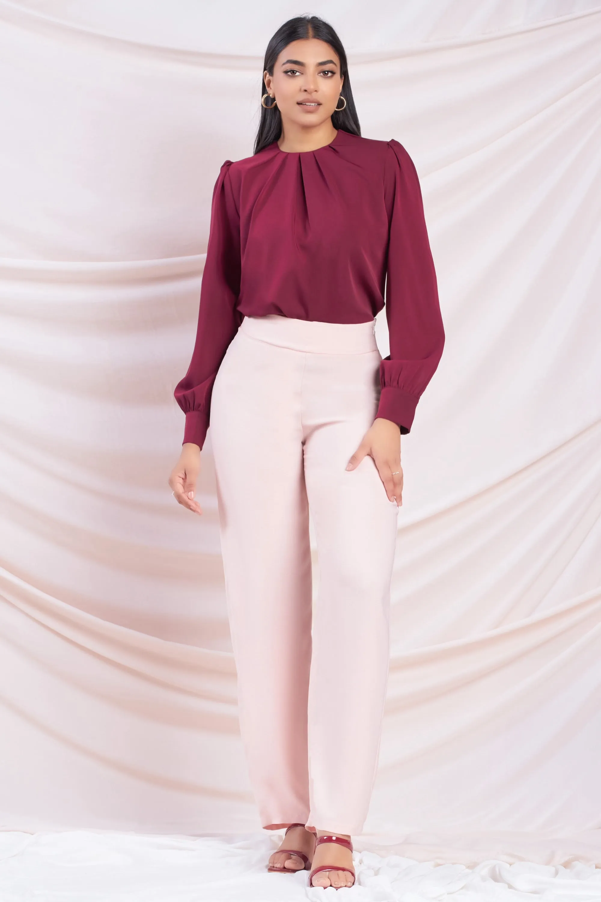 Maroon Pleat Detail Long Sleeve Top