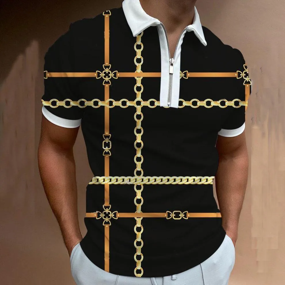 Men's Casual Vintage Printed Zipper Streetwear Short Sleeve Polo Shirt