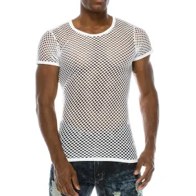 Men's Polyester See-Through Fishnet Streetwear Short Sleeve Fitness Shirt