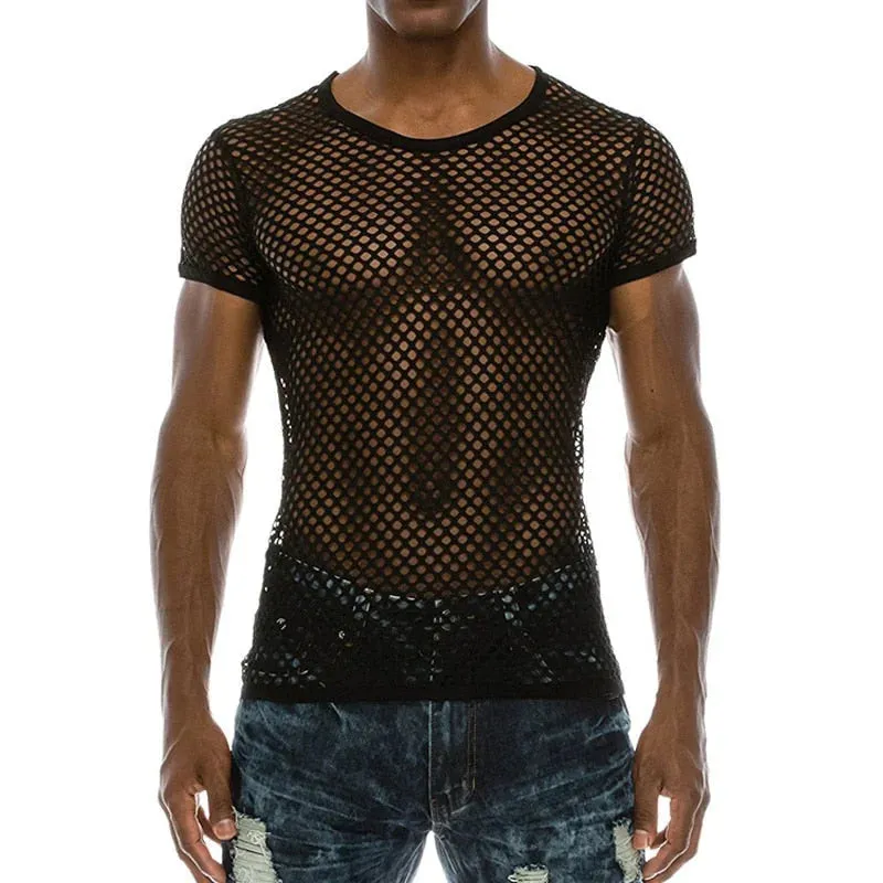 Men's Polyester See-Through Fishnet Streetwear Short Sleeve Fitness Shirt