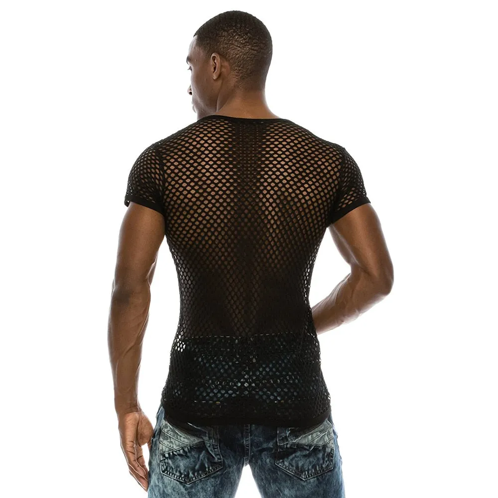 Men's Polyester See-Through Fishnet Streetwear Short Sleeve Fitness Shirt