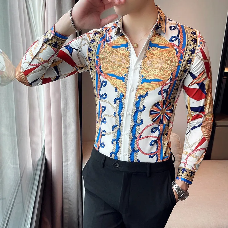 Men's Retro Printed Pattern Business Formal Streetwear Long Sleeve Shirt