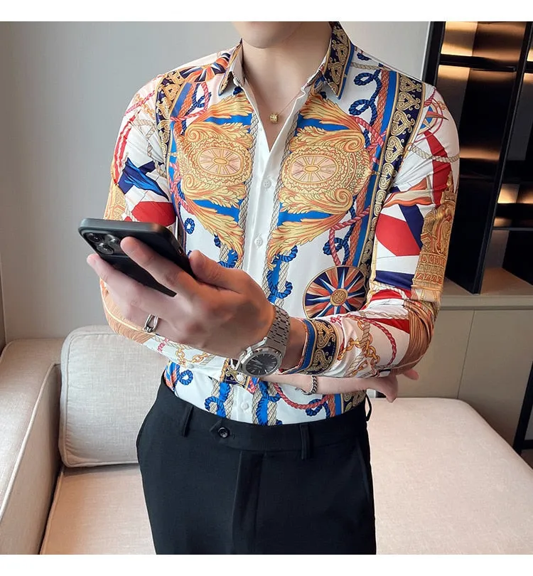 Men's Retro Printed Pattern Business Formal Streetwear Long Sleeve Shirt