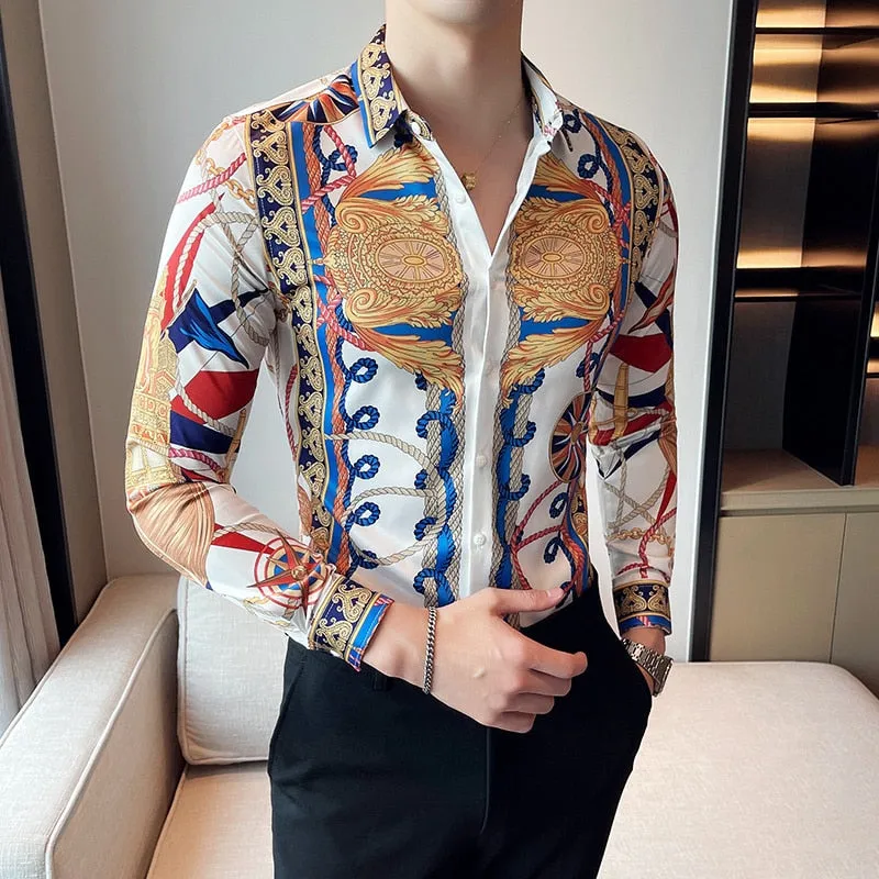 Men's Retro Printed Pattern Business Formal Streetwear Long Sleeve Shirt