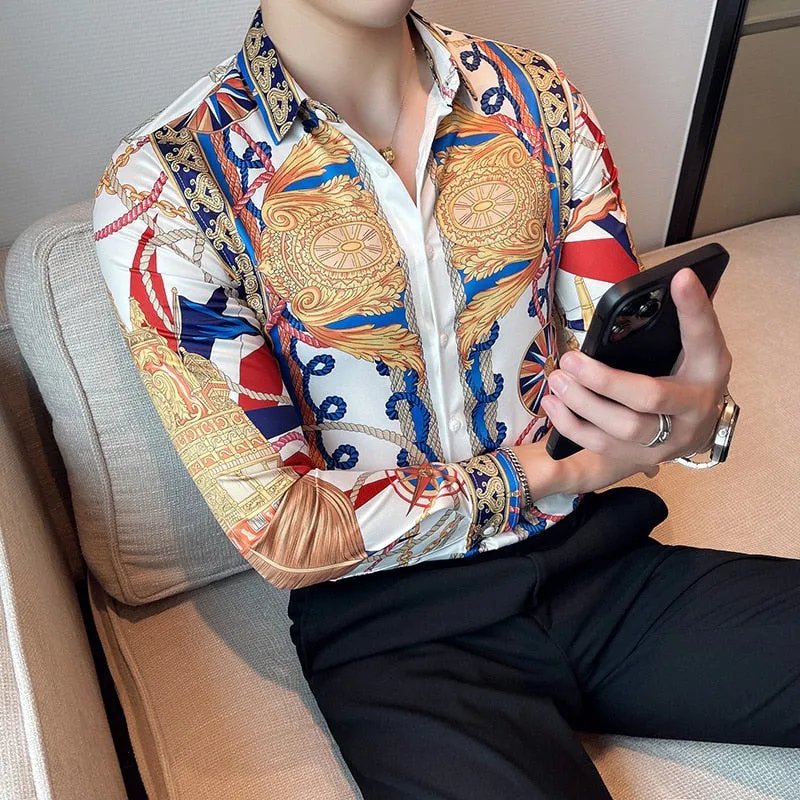 Men's Retro Printed Pattern Business Formal Streetwear Long Sleeve Shirt