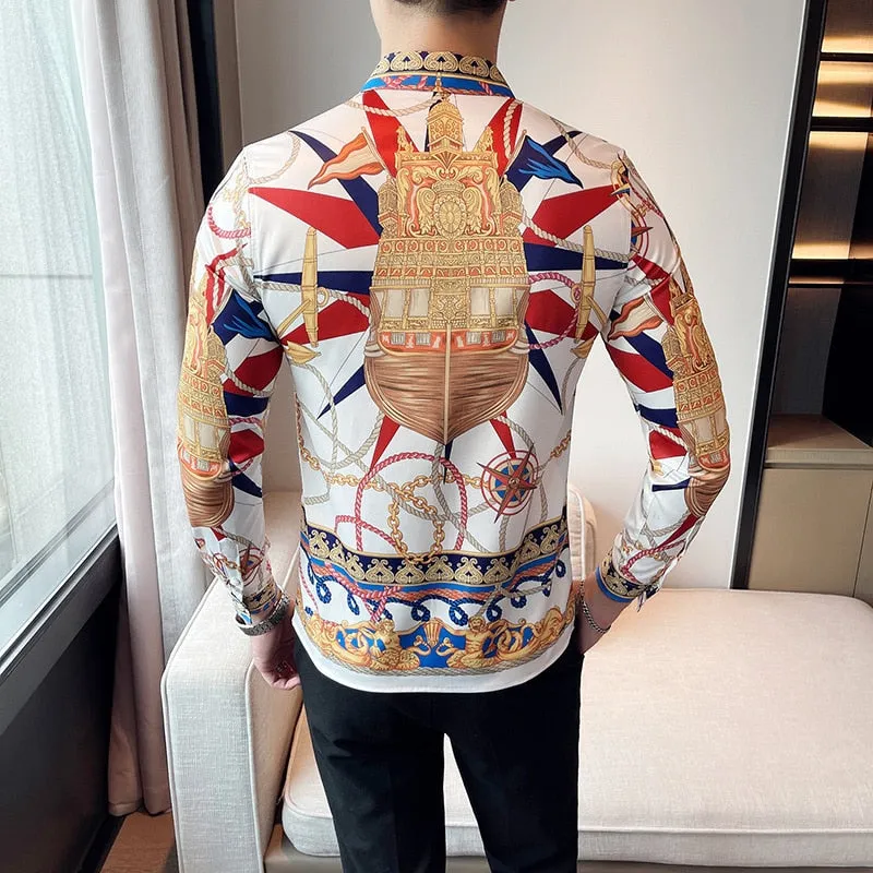 Men's Retro Printed Pattern Business Formal Streetwear Long Sleeve Shirt