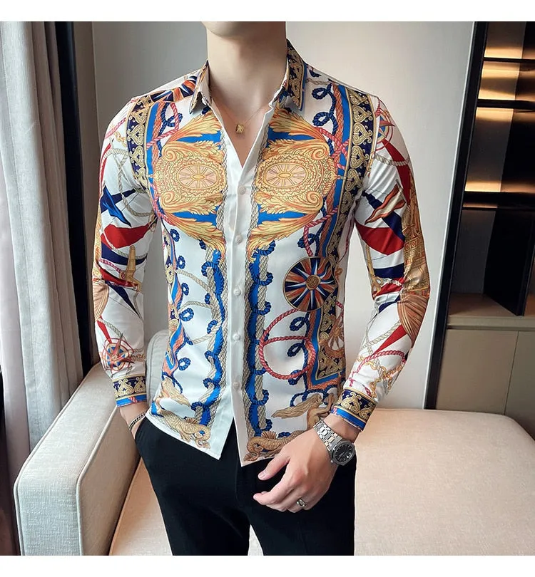 Men's Retro Printed Pattern Business Formal Streetwear Long Sleeve Shirt