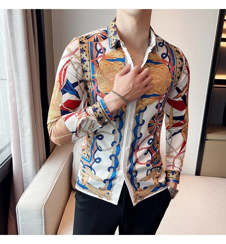 Men's Retro Printed Pattern Business Formal Streetwear Long Sleeve Shirt