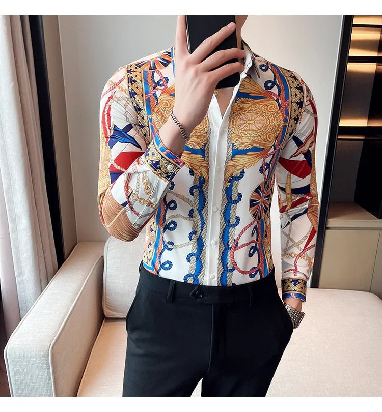 Men's Retro Printed Pattern Business Formal Streetwear Long Sleeve Shirt