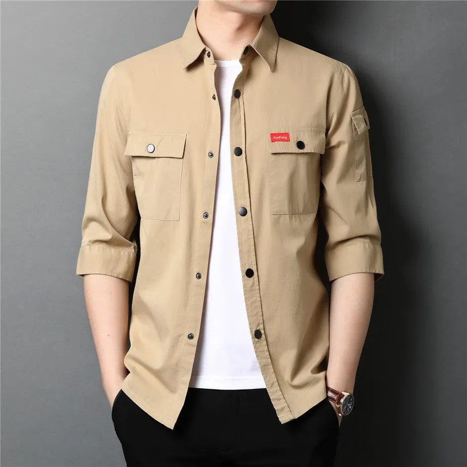 Men's Summer Cotton Streetwear Fashion Big Pocket Long Sleeve Shirt