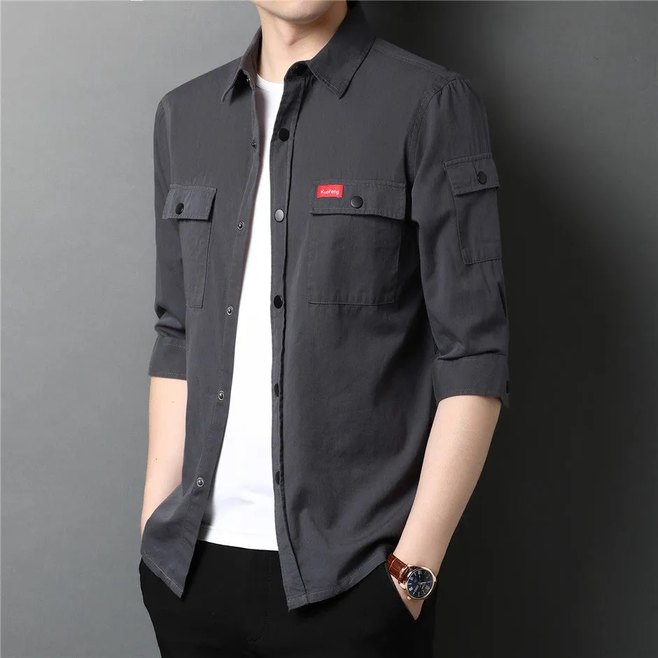 Men's Summer Cotton Streetwear Fashion Big Pocket Long Sleeve Shirt