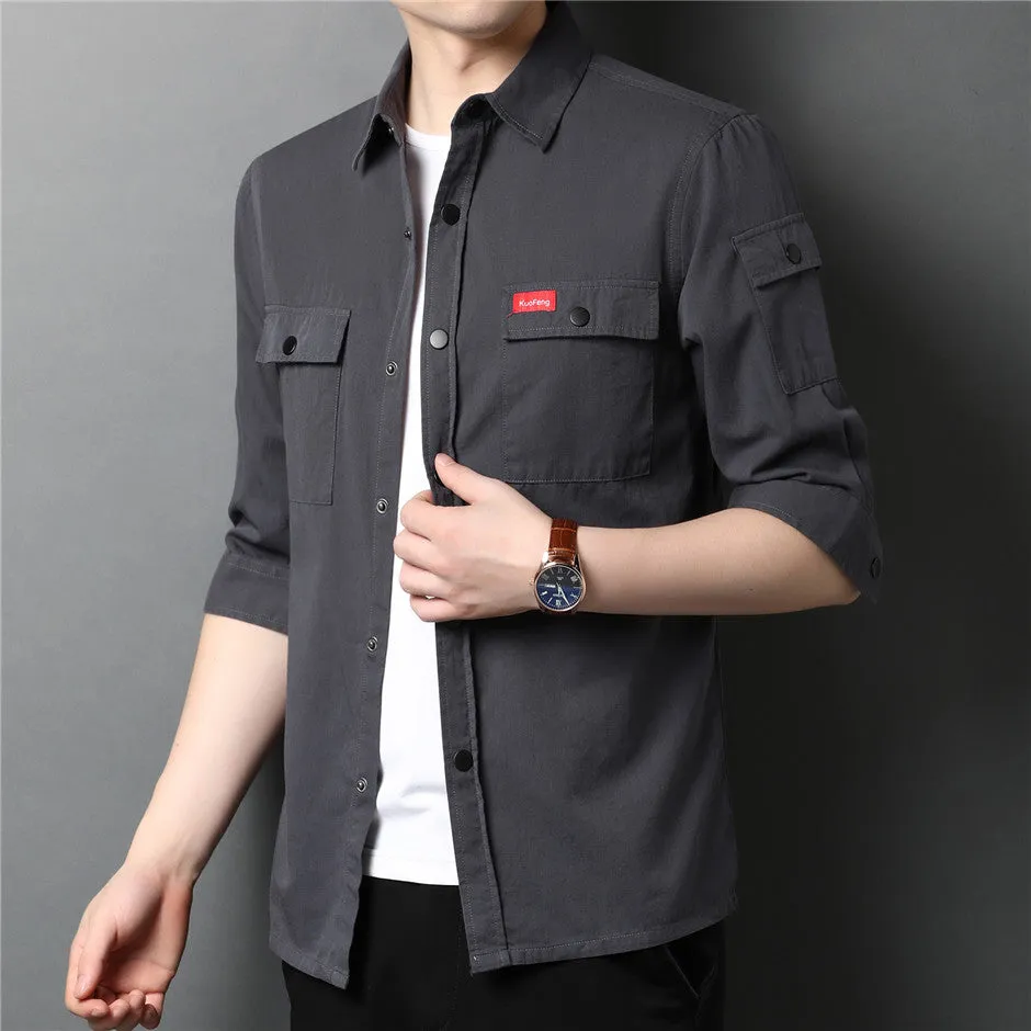 Men's Summer Cotton Streetwear Fashion Big Pocket Long Sleeve Shirt