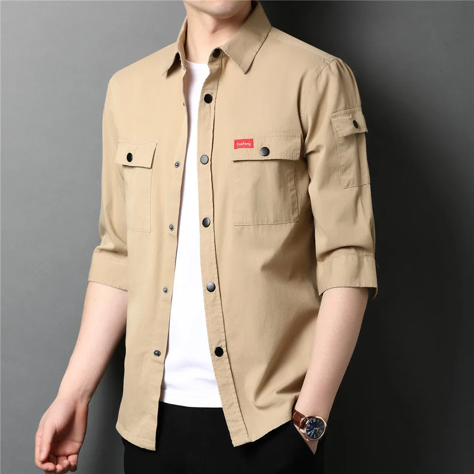 Men's Summer Cotton Streetwear Fashion Big Pocket Long Sleeve Shirt