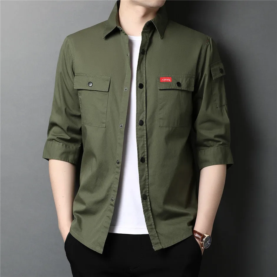 Men's Summer Cotton Streetwear Fashion Big Pocket Long Sleeve Shirt