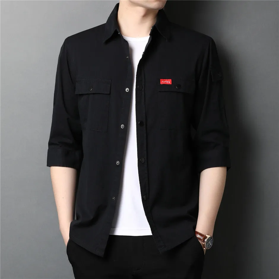 Men's Summer Cotton Streetwear Fashion Big Pocket Long Sleeve Shirt