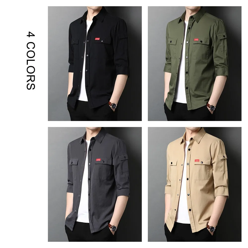 Men's Summer Cotton Streetwear Fashion Big Pocket Long Sleeve Shirt