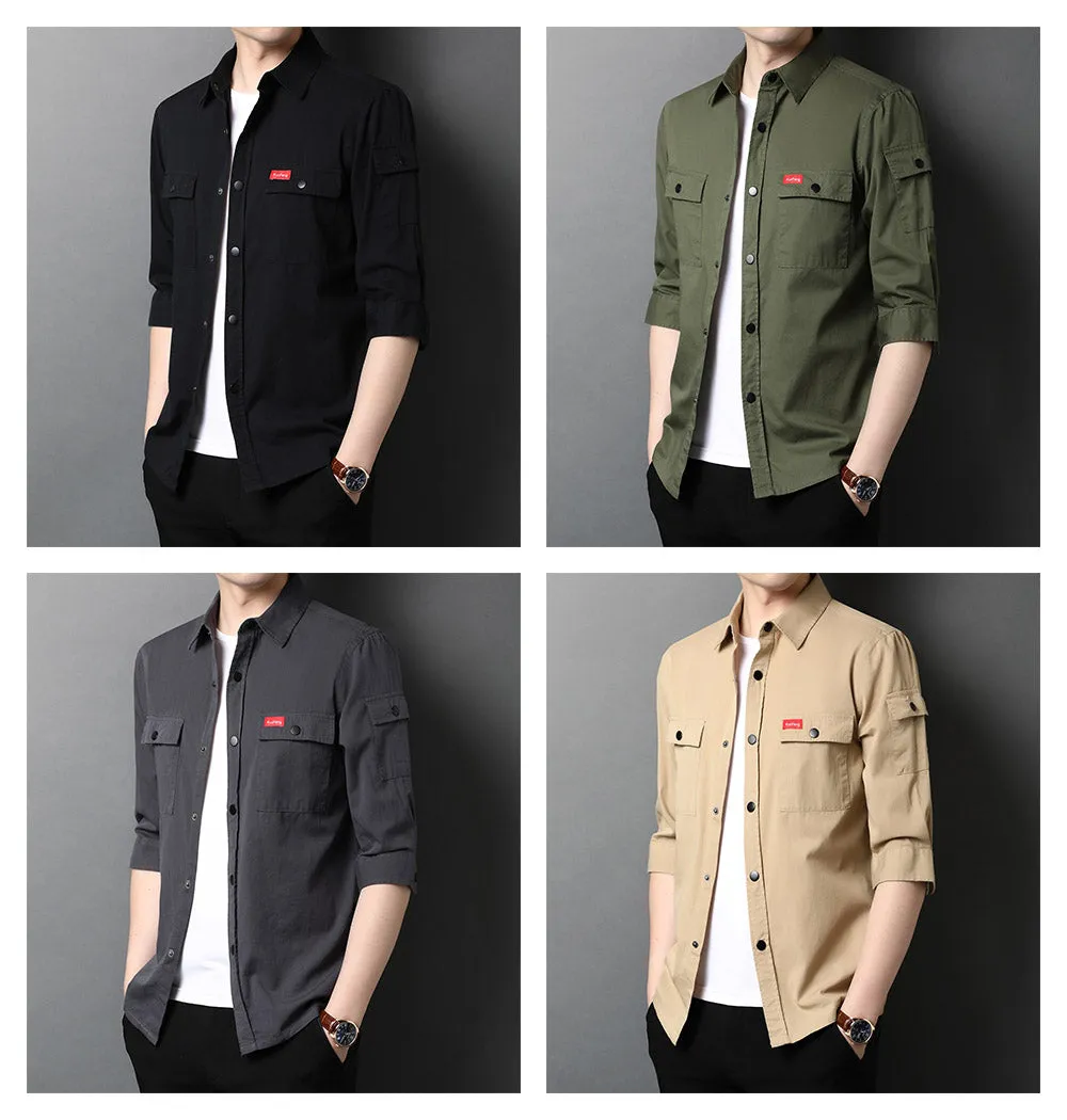 Men's Summer Cotton Streetwear Fashion Big Pocket Long Sleeve Shirt