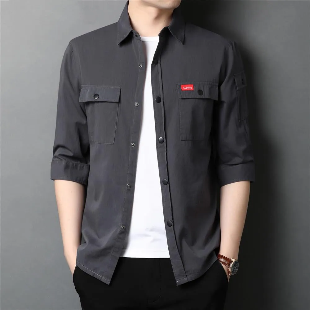 Men's Summer Cotton Streetwear Fashion Big Pocket Long Sleeve Shirt