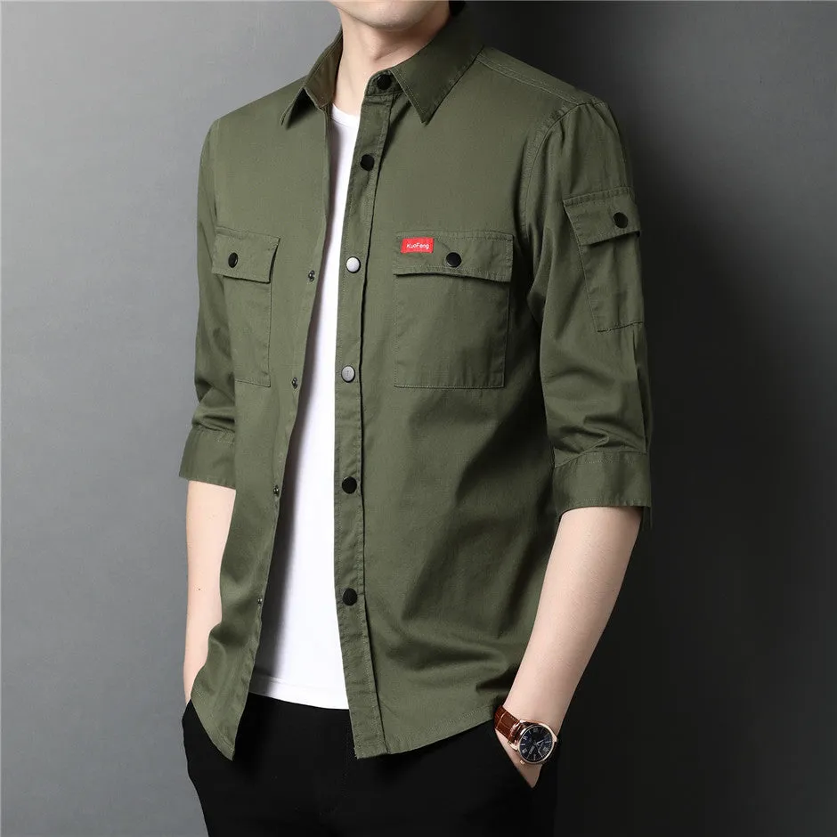 Men's Summer Cotton Streetwear Fashion Big Pocket Long Sleeve Shirt