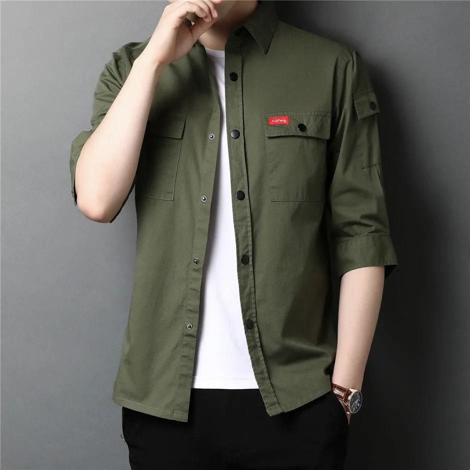 Men's Summer Cotton Streetwear Fashion Big Pocket Long Sleeve Shirt