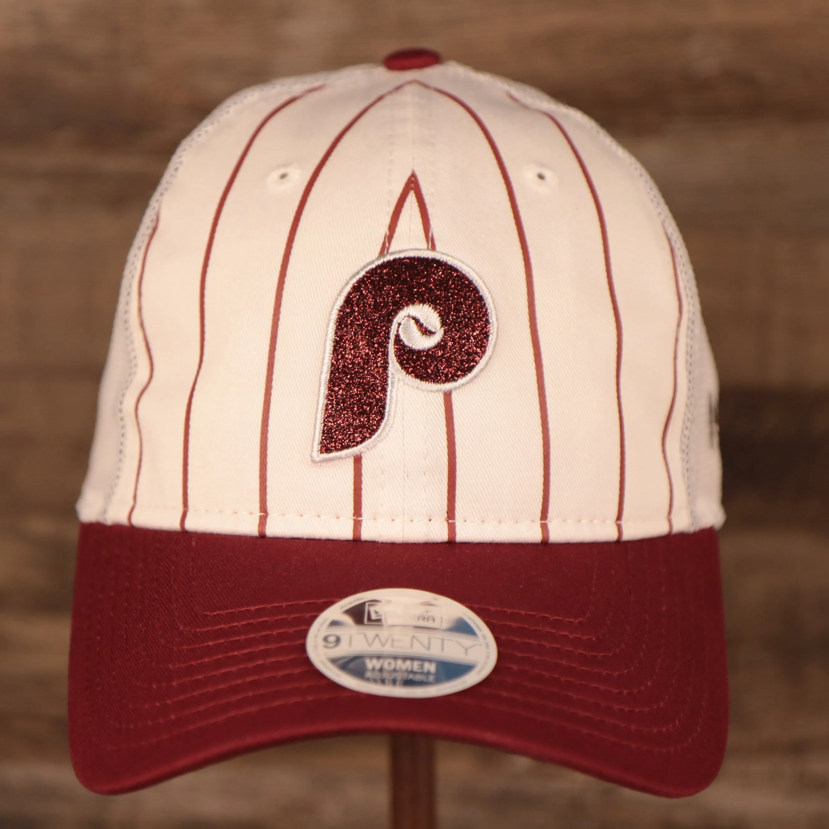 NEW ERA | PHILADELPHIA PHILLIES | PINSTRIPE |  GLITTER THROWBACK P | WOMENS 9TWENTY TRUCKER HAT | WHITE/MAROON | OSFM