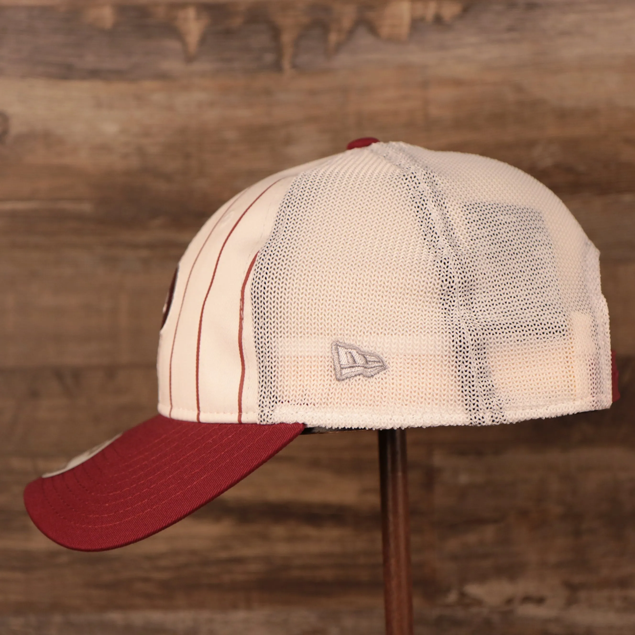 NEW ERA | PHILADELPHIA PHILLIES | PINSTRIPE |  GLITTER THROWBACK P | WOMENS 9TWENTY TRUCKER HAT | WHITE/MAROON | OSFM