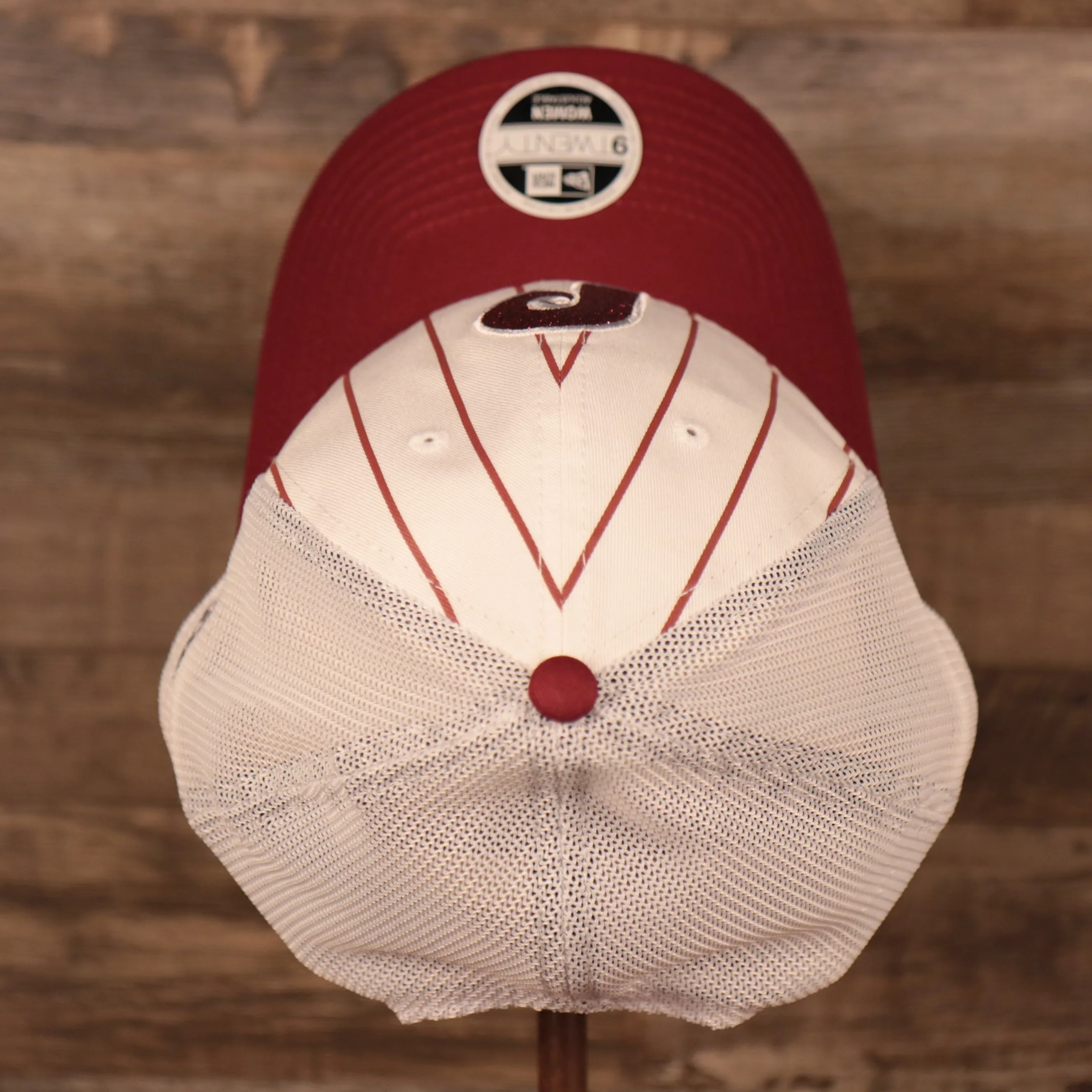 NEW ERA | PHILADELPHIA PHILLIES | PINSTRIPE |  GLITTER THROWBACK P | WOMENS 9TWENTY TRUCKER HAT | WHITE/MAROON | OSFM