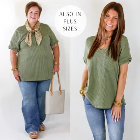 Only True Love Ribbed Short Sleeve Top with Front Pocket in Olive Green