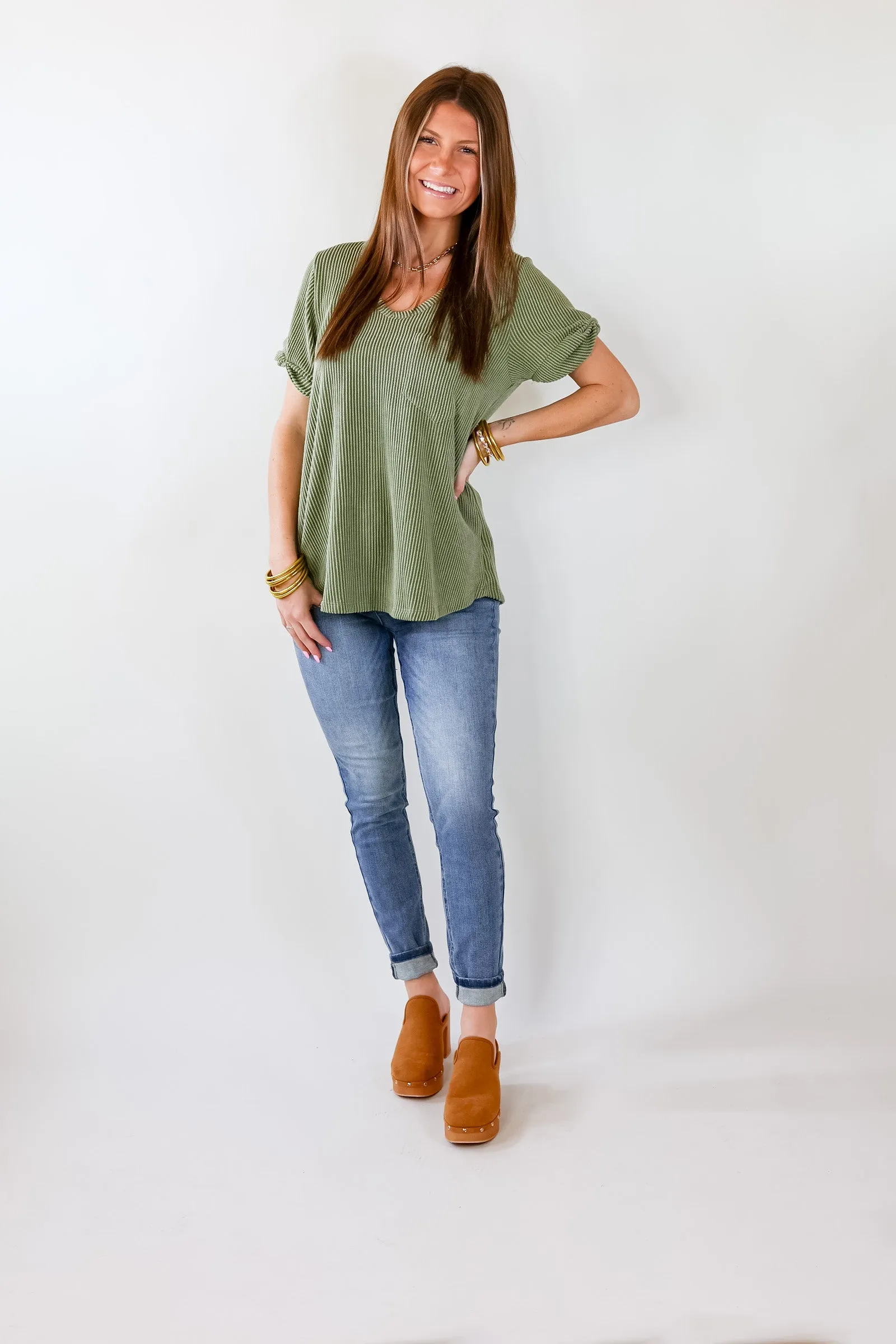 Only True Love Ribbed Short Sleeve Top with Front Pocket in Olive Green