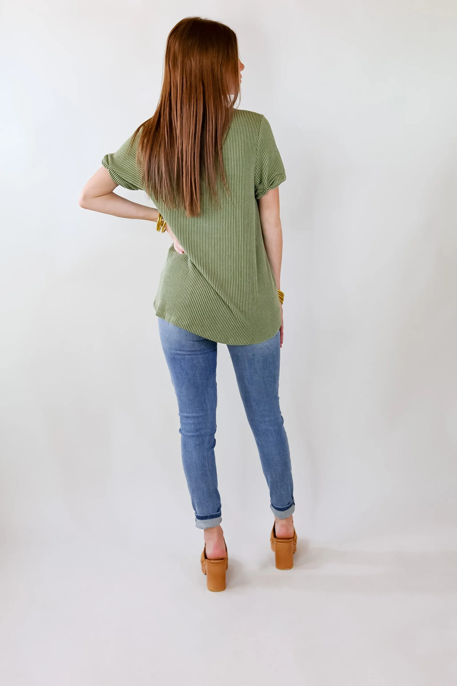 Only True Love Ribbed Short Sleeve Top with Front Pocket in Olive Green