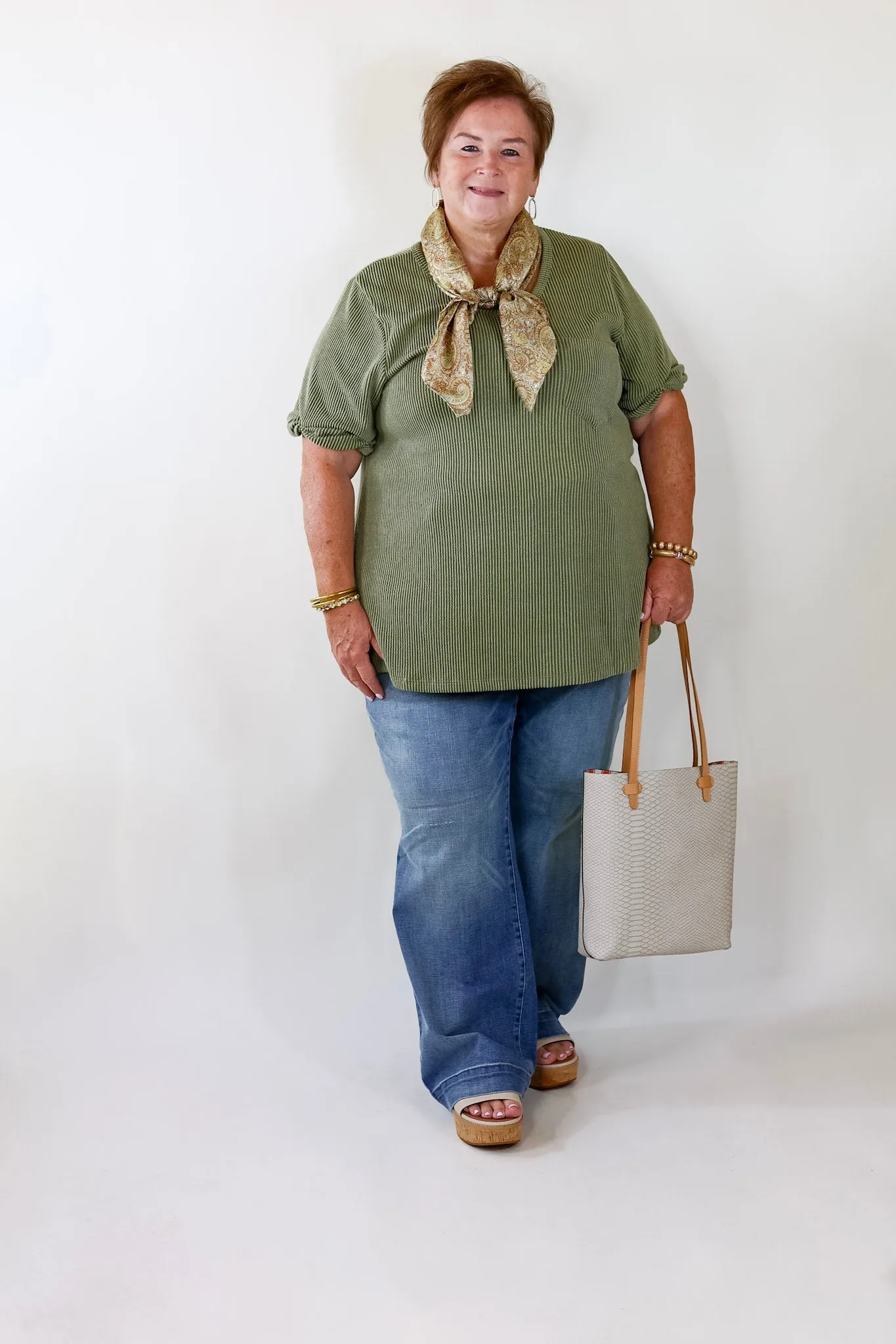 Only True Love Ribbed Short Sleeve Top with Front Pocket in Olive Green