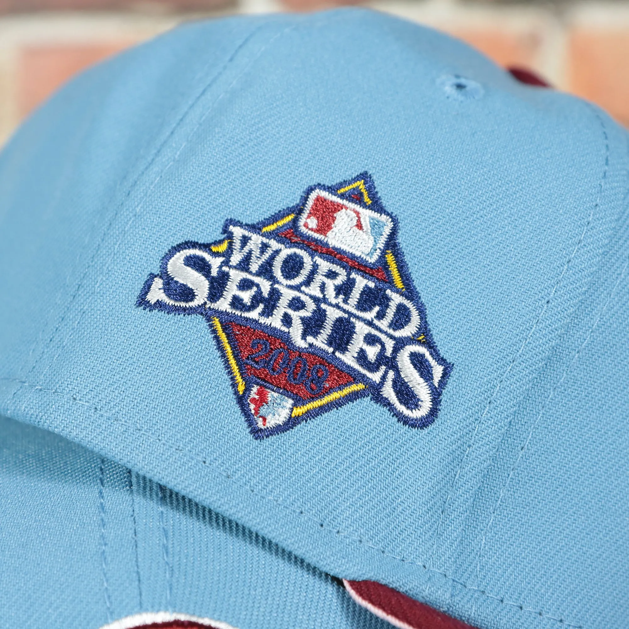 Philadelphia Phillies 2008 World Series Side Patch Cooperstown Pink Bottom 59Fifty Fitted Cap | Sky Blue