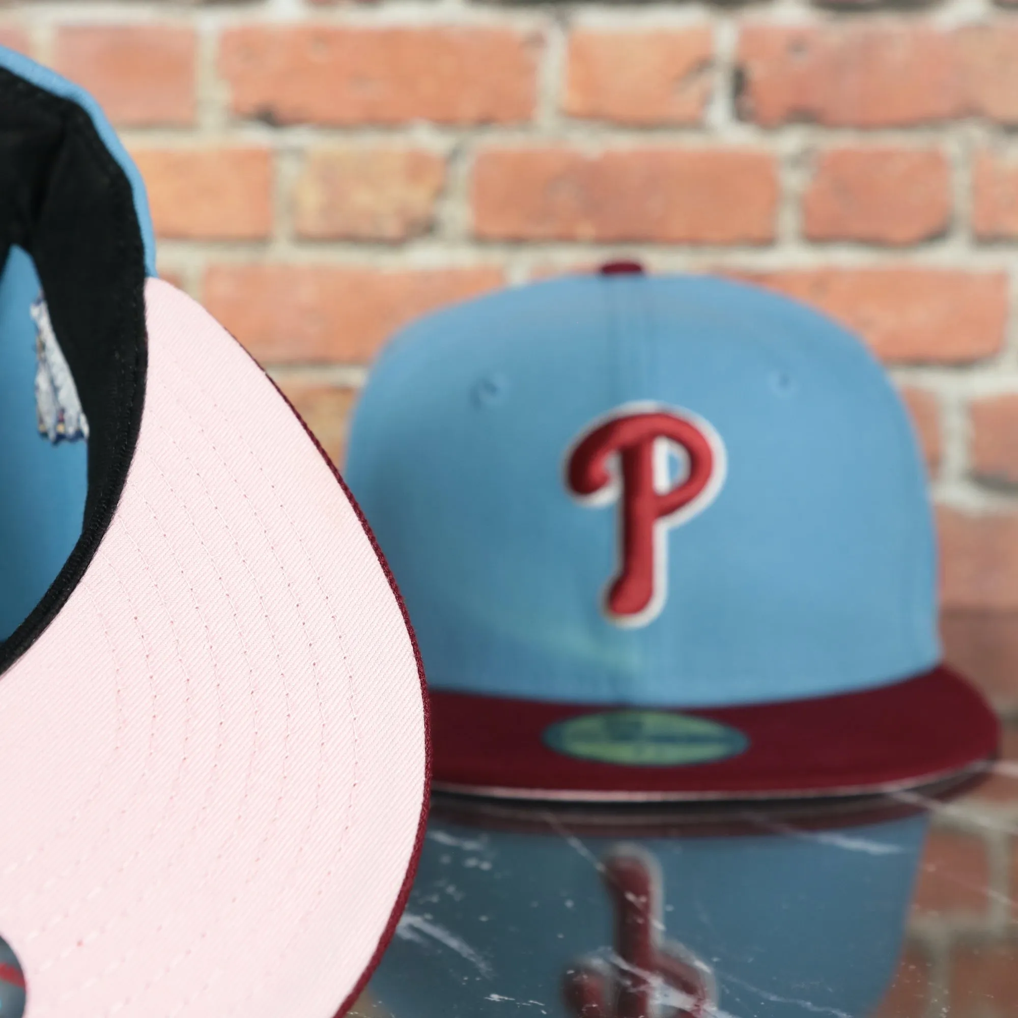 Philadelphia Phillies 2008 World Series Side Patch Cooperstown Pink Bottom 59Fifty Fitted Cap | Sky Blue