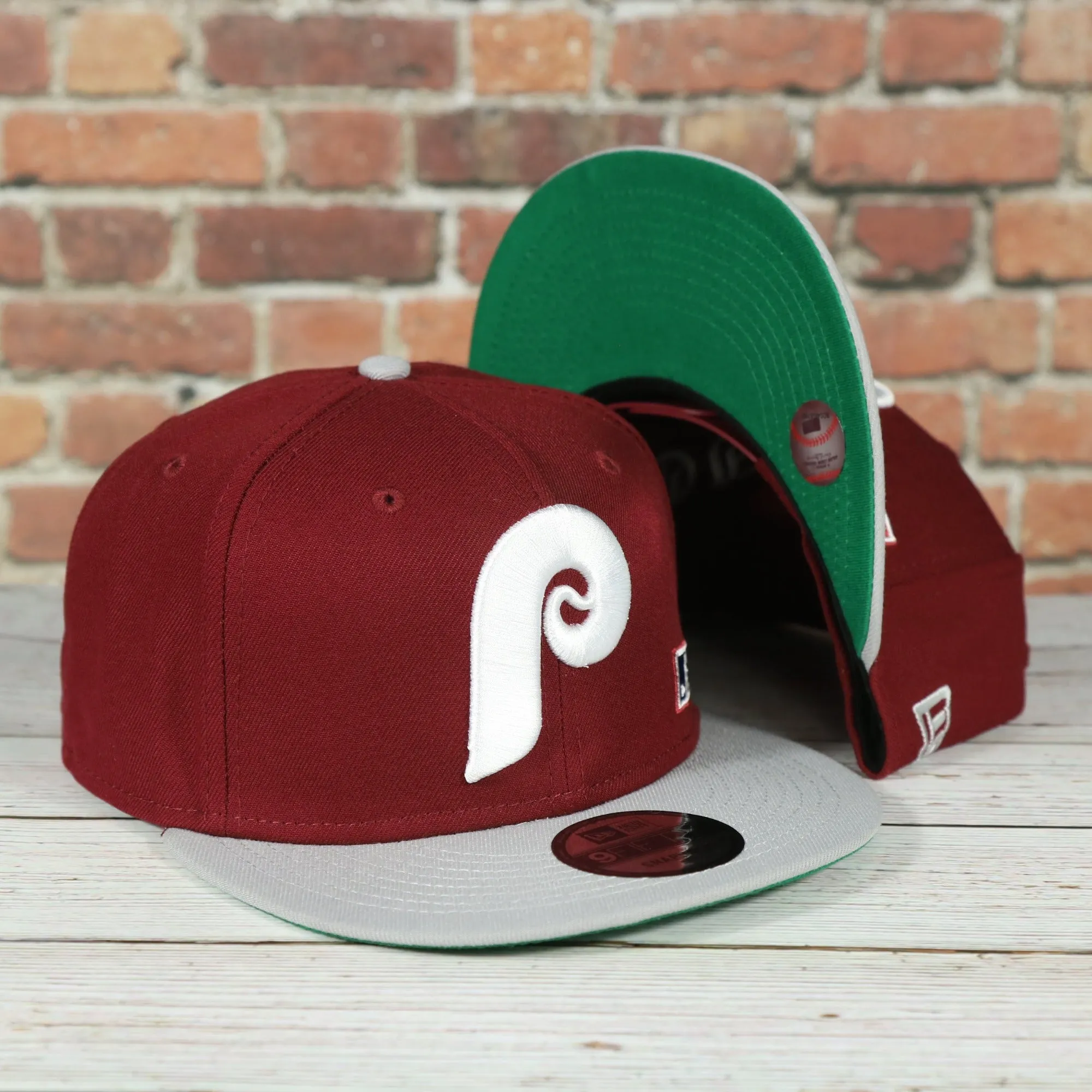 Philadelphia Phillies Cooperstown Green Bottom White Back Letter Arch 9Fifty Snapback | Back Word Arch Maroon 9Fifty