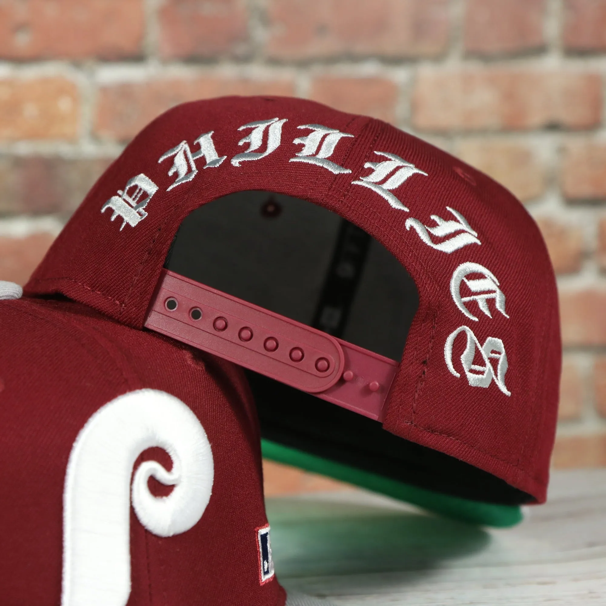 Philadelphia Phillies Cooperstown Green Bottom White Back Letter Arch 9Fifty Snapback | Back Word Arch Maroon 9Fifty