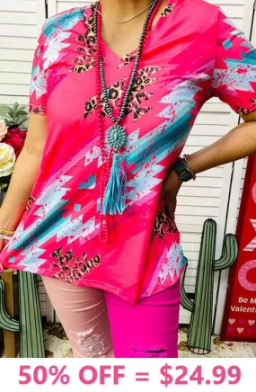 Pink, Leopard, Turquoise tribal print top