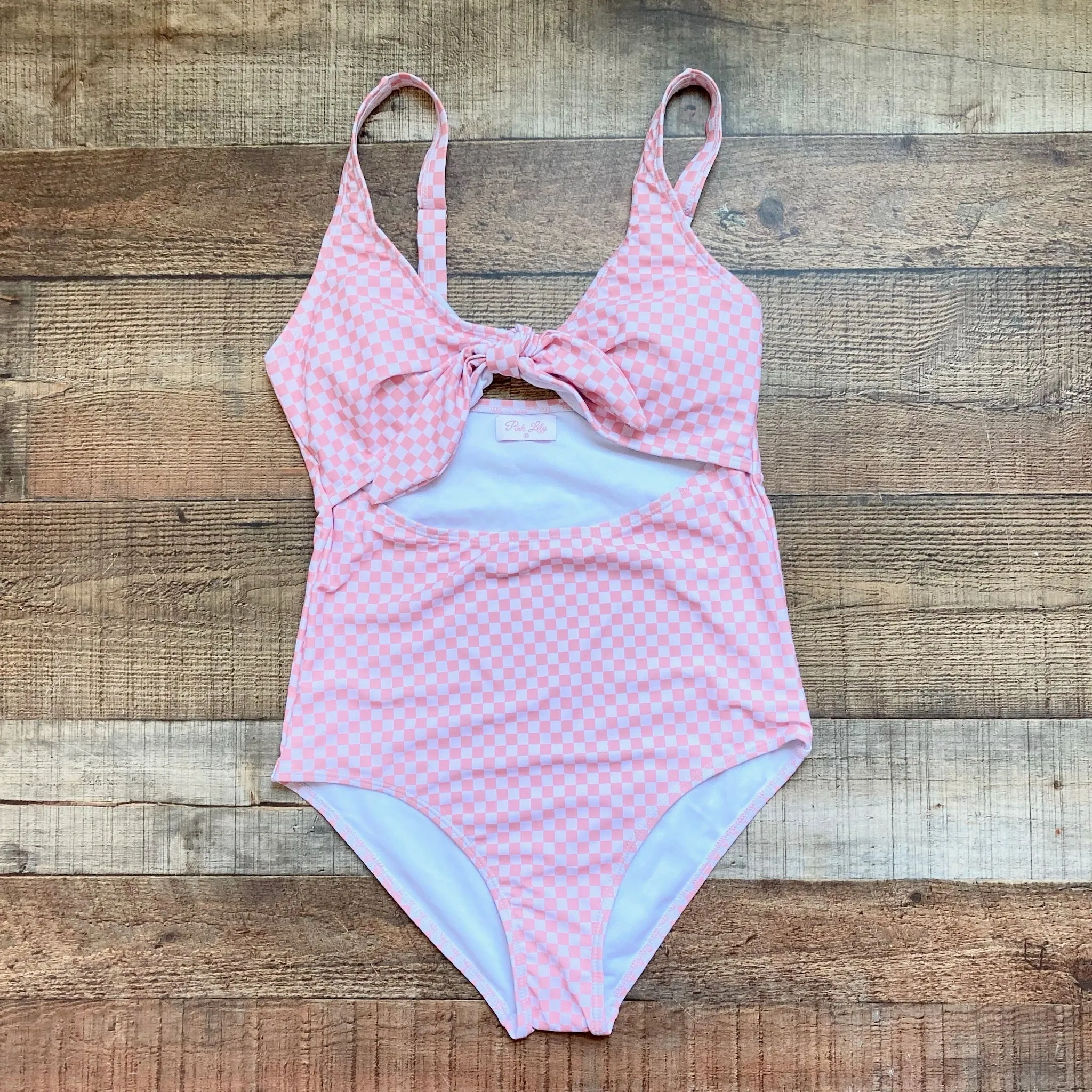 Pink Lily Pink Checkered with Faux Front Tie and Cut Out Padded One Piece NWOT- Size M (we have matching boy's swim trunks)