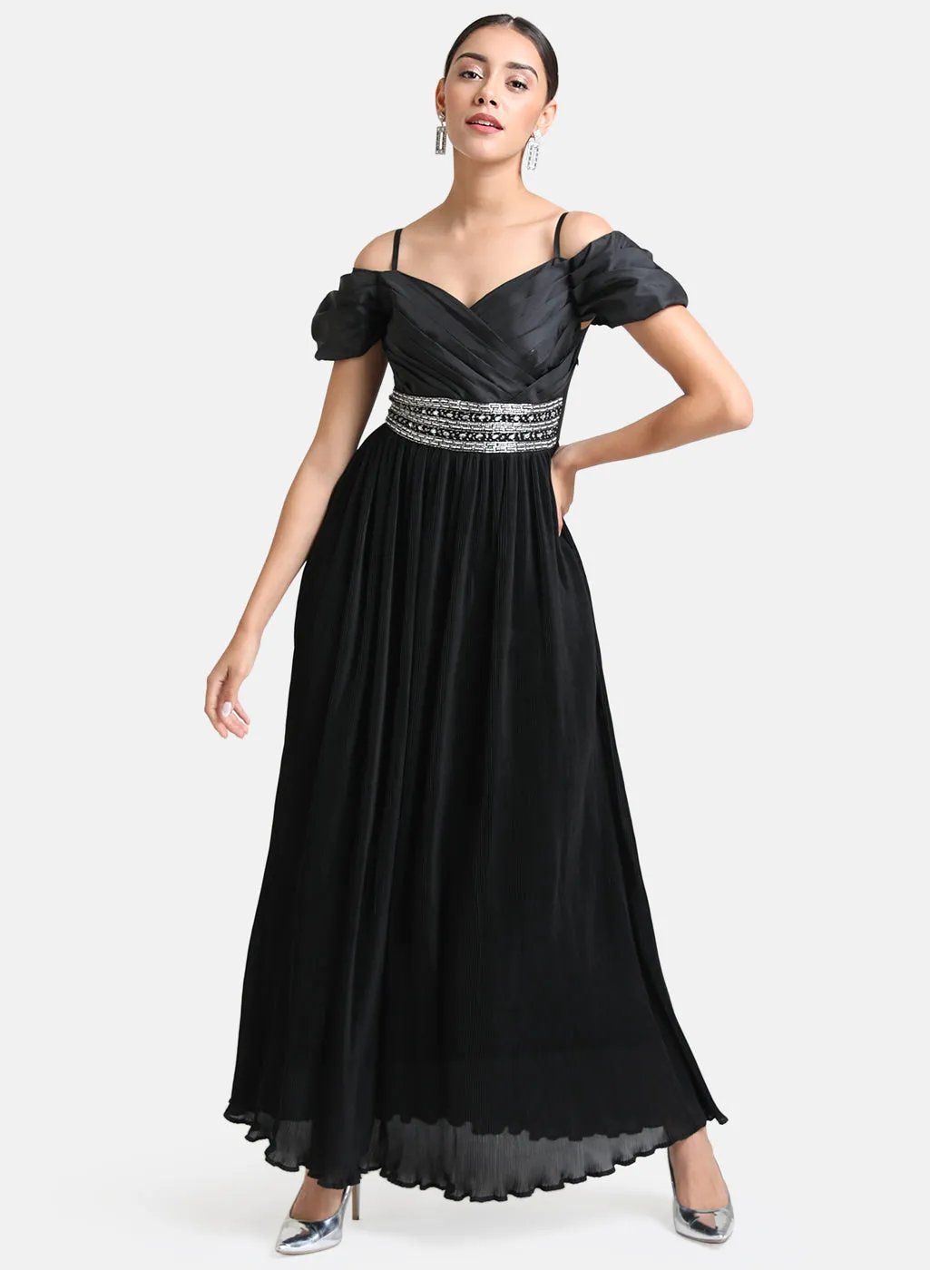 Pleated Maxi Dress With Embellished Waist