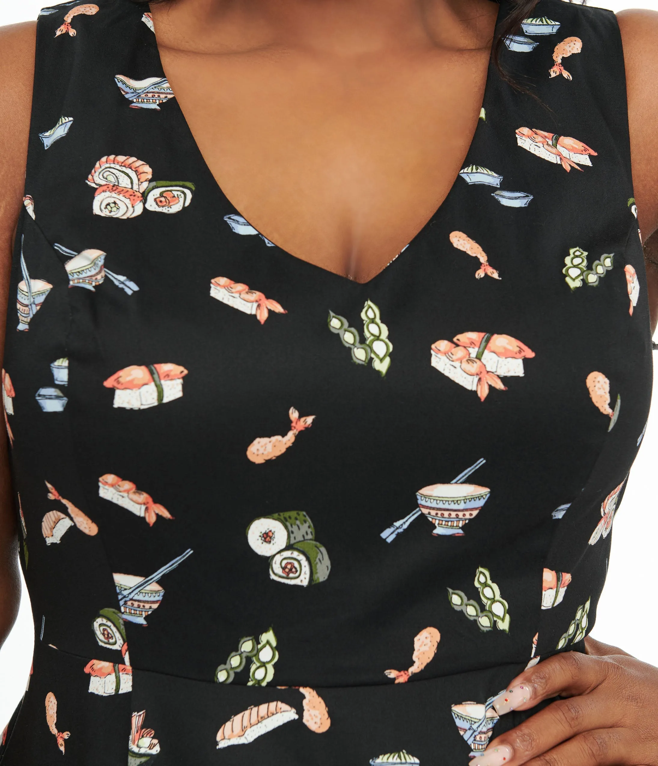 Plus Size Black & Sushi Print Cotton Swing Dress