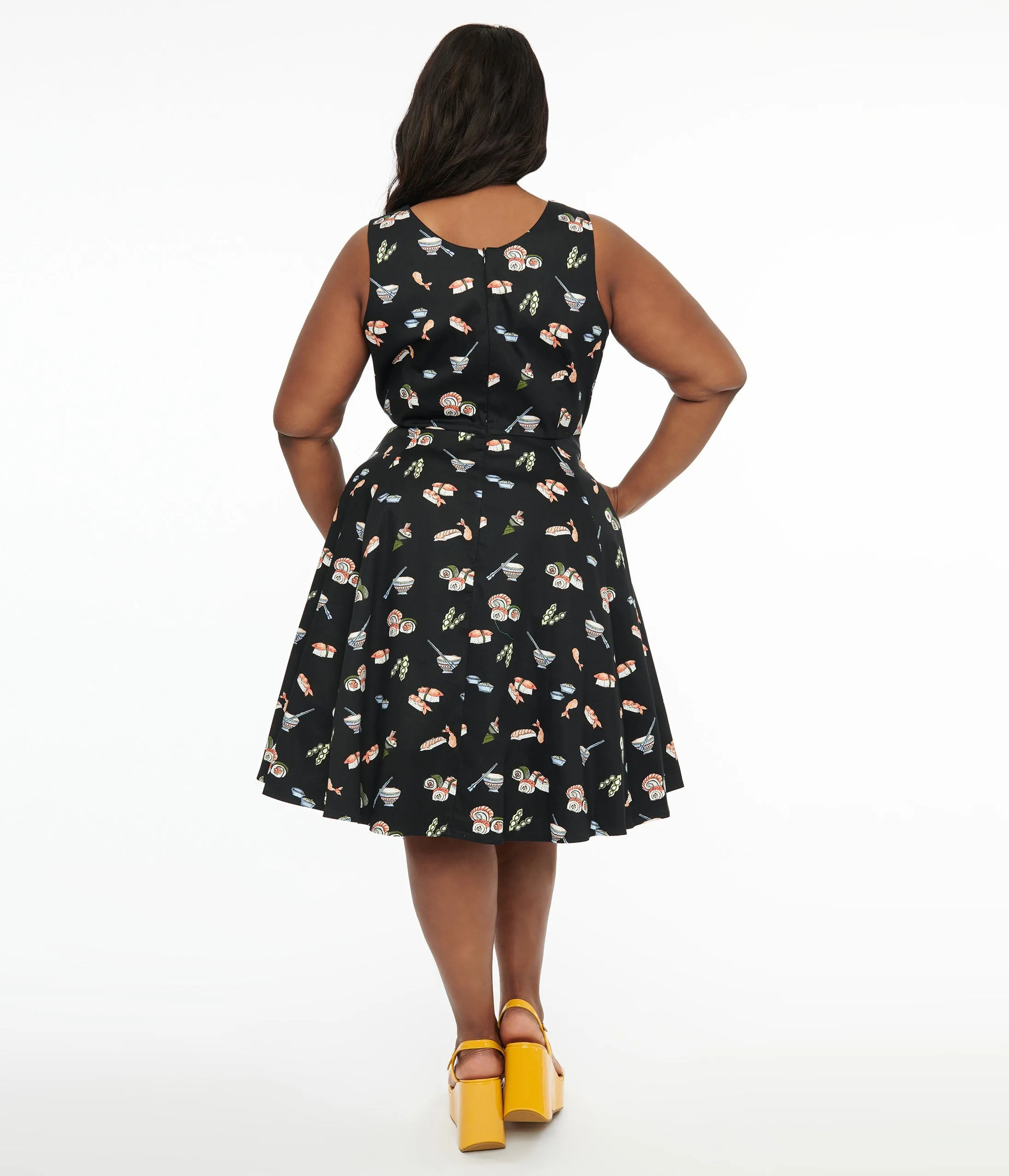 Plus Size Black & Sushi Print Cotton Swing Dress