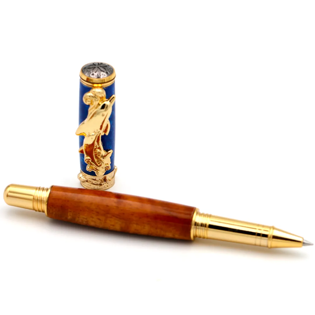 Premium Curly Hawaiian Koa Dolphin Pen - 24kt Gold