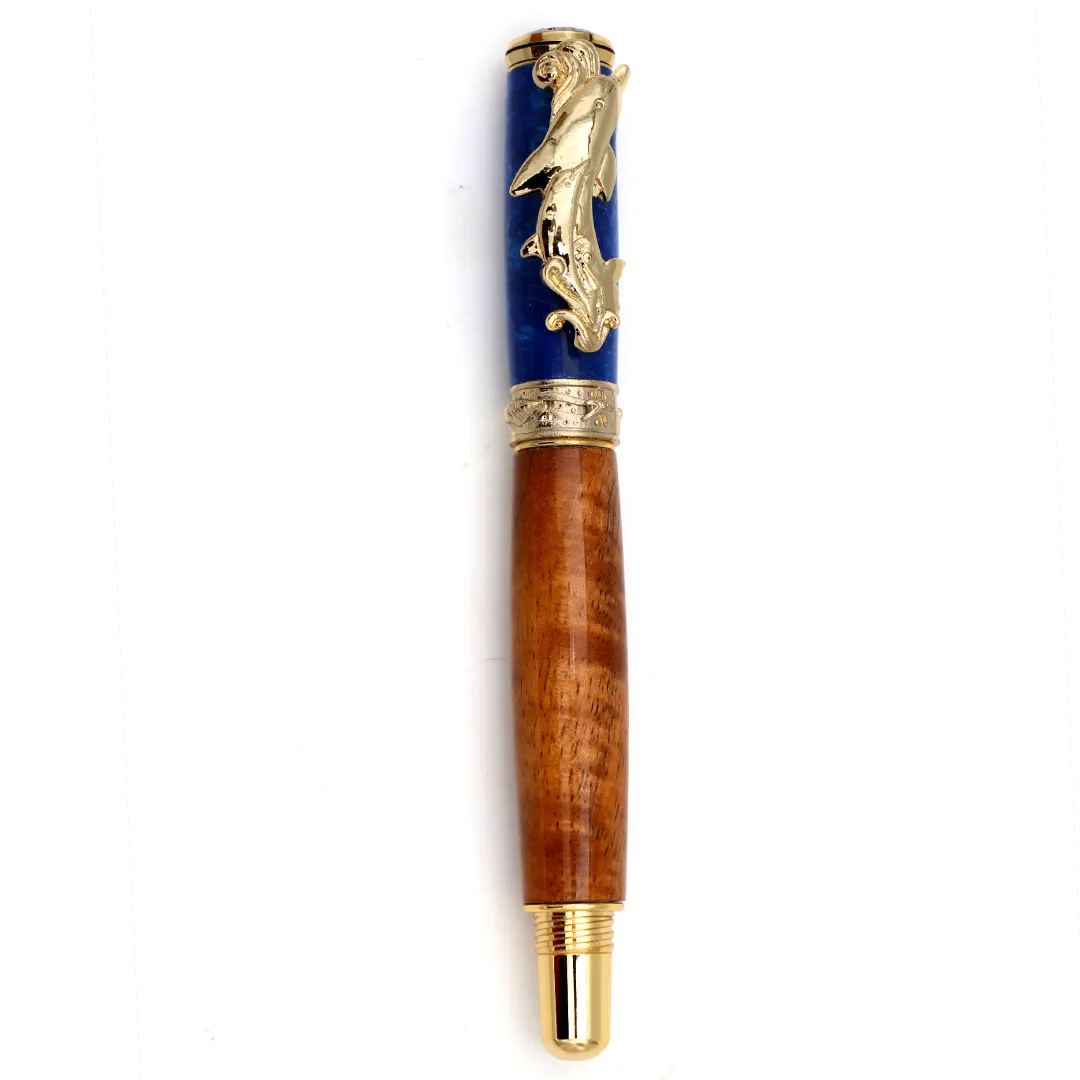 Premium Curly Hawaiian Koa Dolphin Pen - 24kt Gold