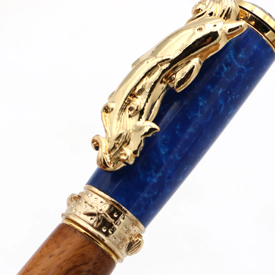 Premium Curly Hawaiian Koa Dolphin Pen - 24kt Gold