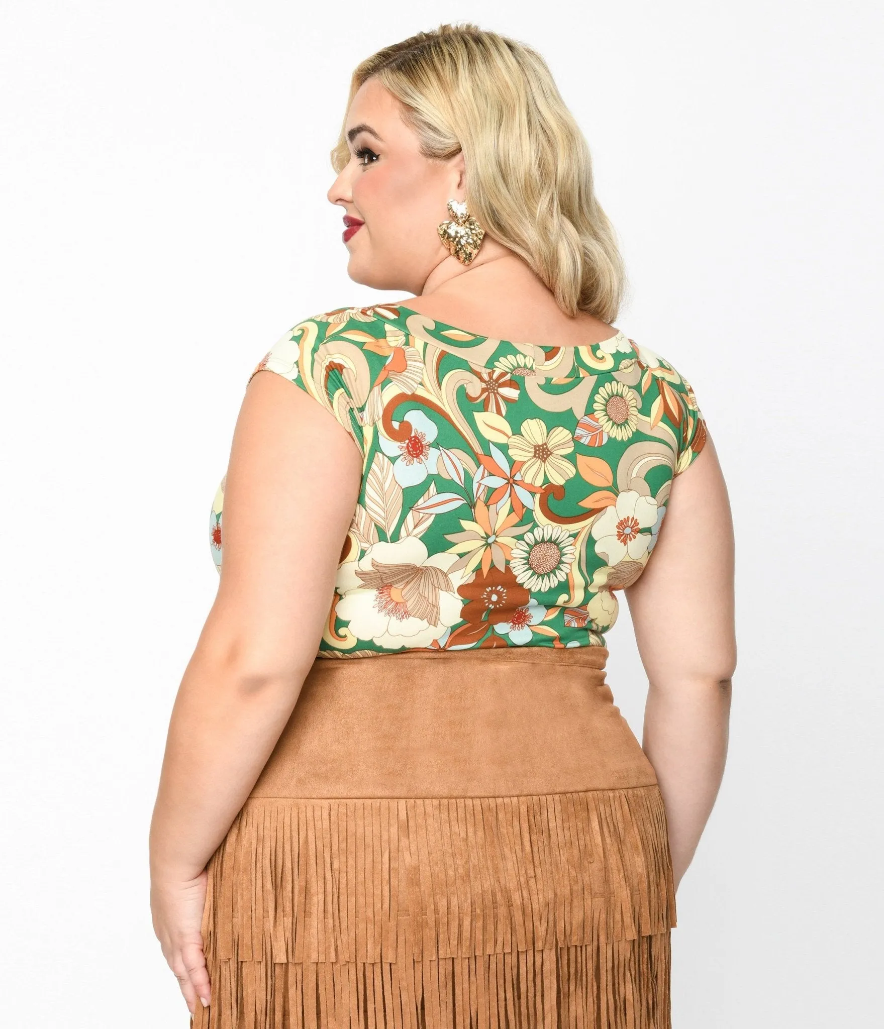 Retrolicious 1970s Green & Tan Mod Floral Top