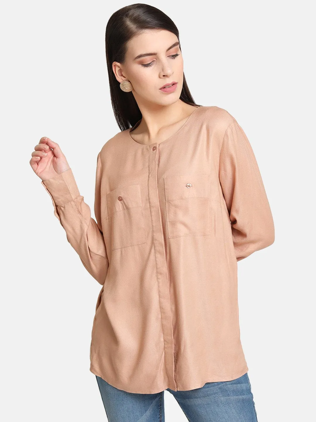 Round Neck Shirt With Front Hidden Placket Detail