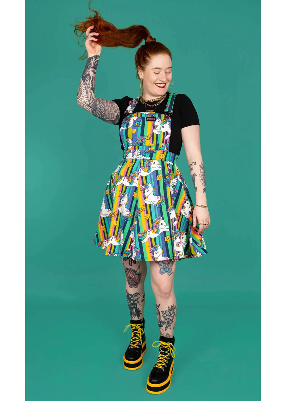 Run & Fly Unicorn Stripes Pinafore 70's Swing Dress Multi