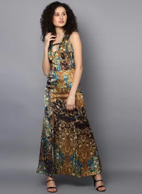 Satin Printed Full Length Dress with Front Slit