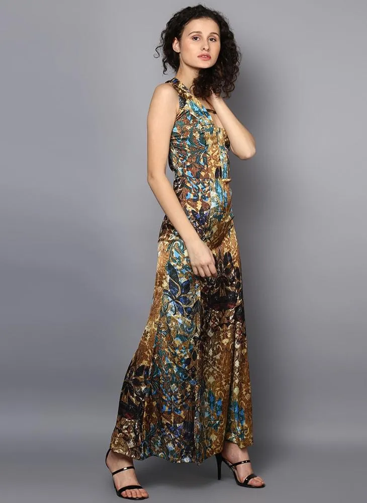 Satin Printed Full Length Dress with Front Slit